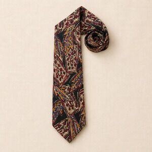 Chez‎ Roffe Silk Necktie Abstract Art Print Black Burgundy Gold Blue Vintage OS
